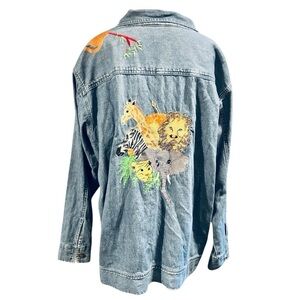 The Quacker Factory Embroidered Safari Animals Shacket Plus Size 1X EC